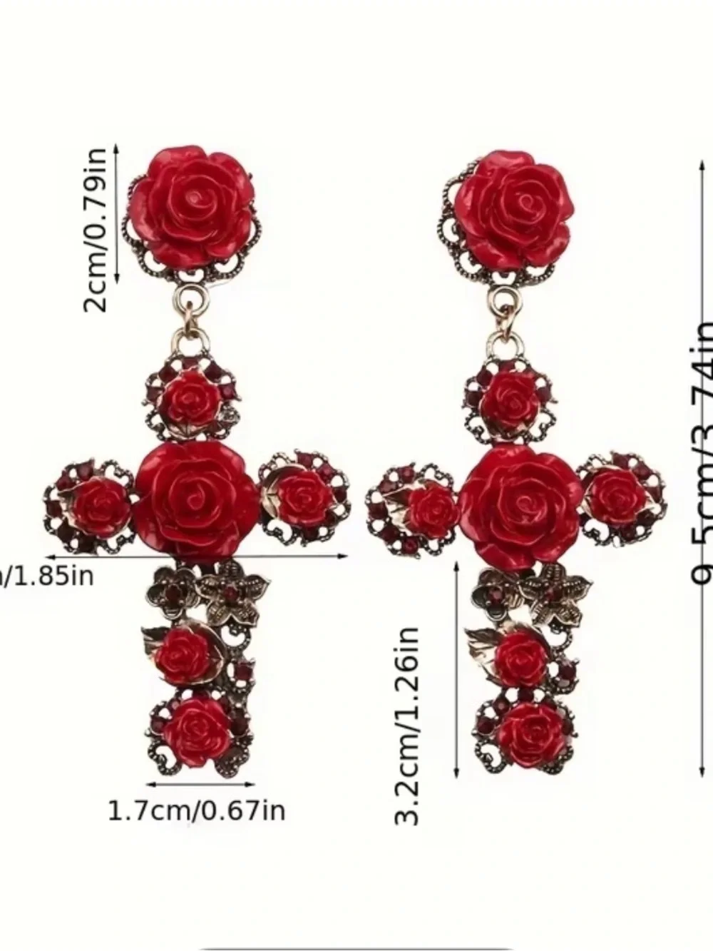Red Rose Baroque Cross Statement Earrings